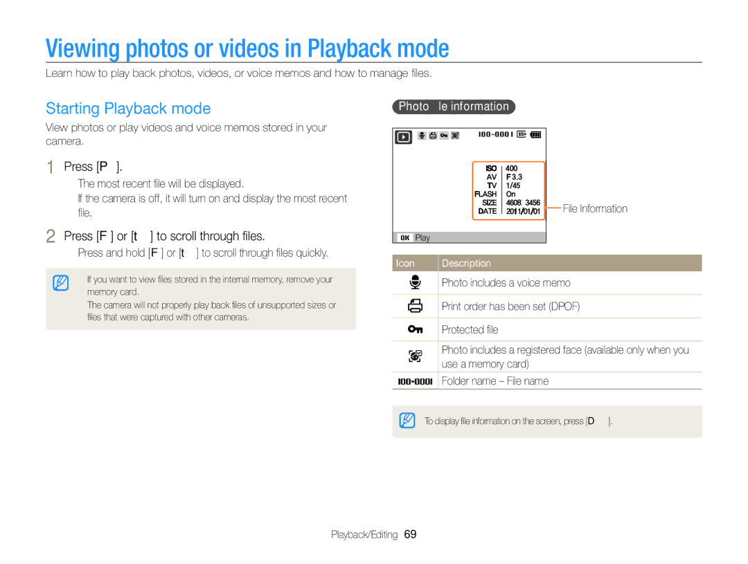 Samsung ECPL170 Viewing photos or videos in Playback mode, Starting Playback mode, Press P, Photo ﬁle information 