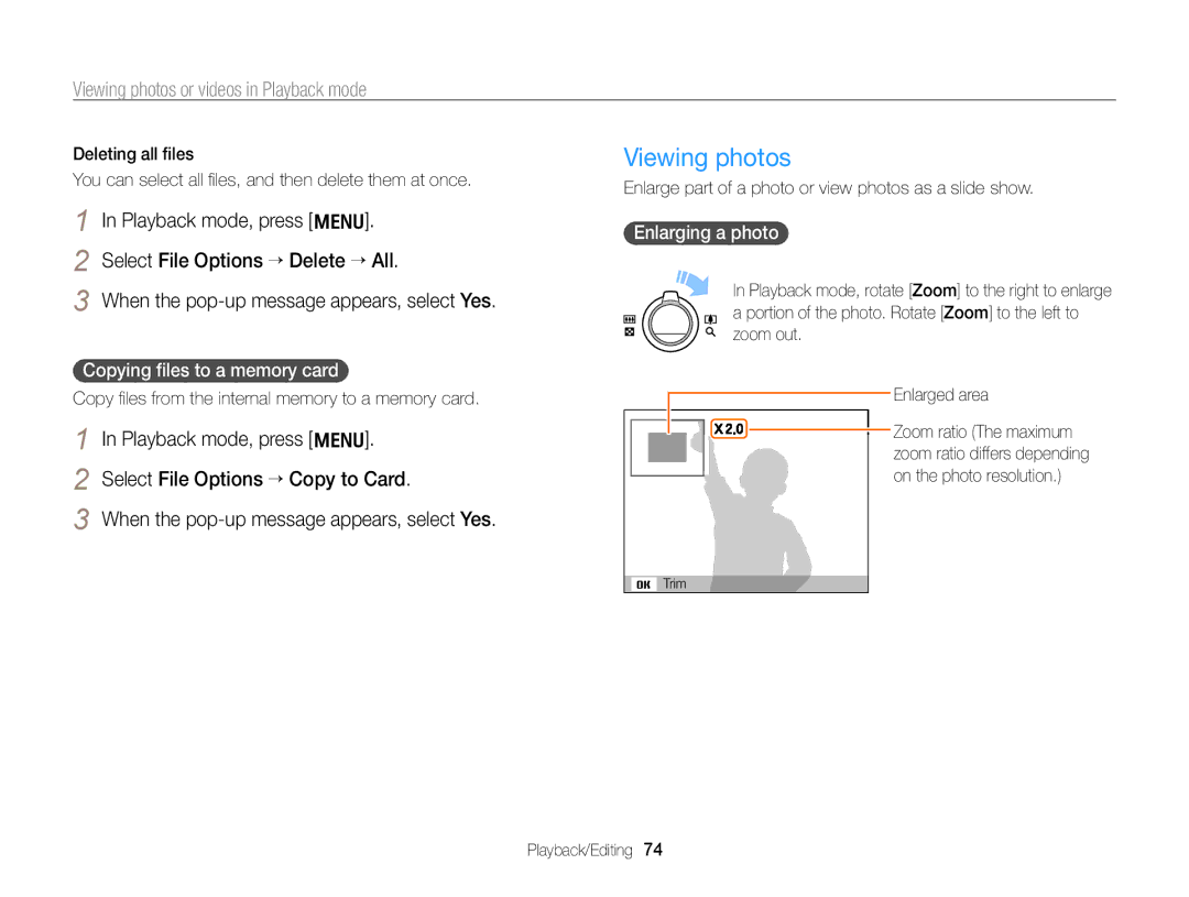 Samsung ECPL170 user manual Viewing photos, Copying ﬁles to a memory card, Enlarging a photo 