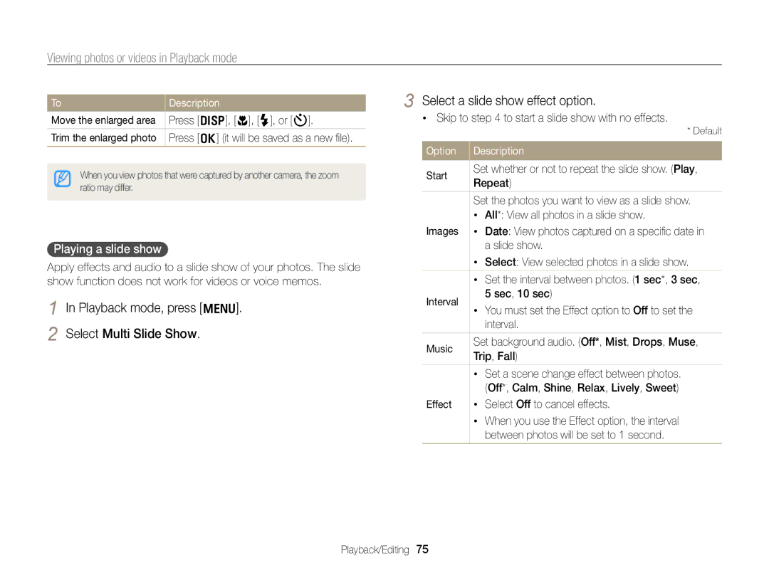 Samsung ECPL170 user manual Playing a slide show, Skip to to start a slide show with no effects 