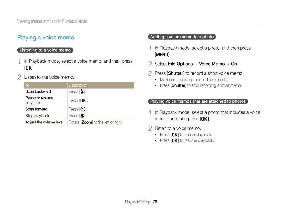 Samsung ECPL170 user manual Playing a voice memo, Listening to a voice memo, Adding a voice memo to a photo 