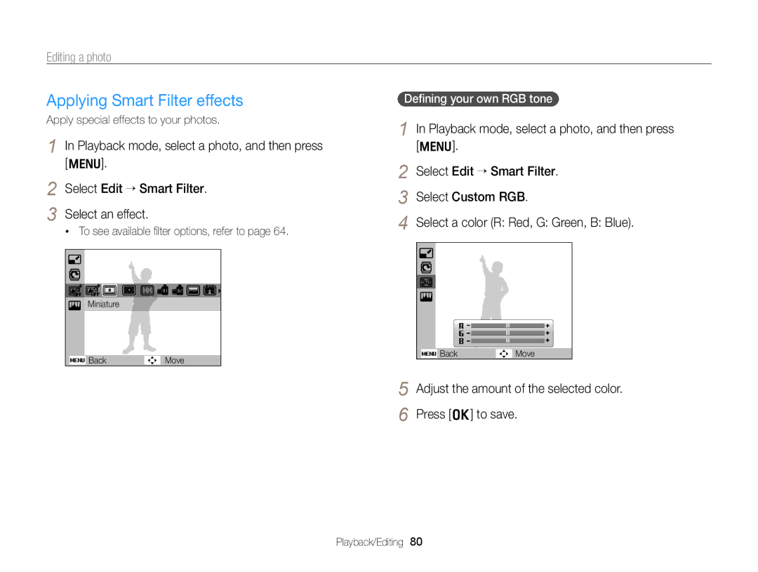 Samsung ECPL170 user manual Applying Smart Filter effects, Editing a photo 