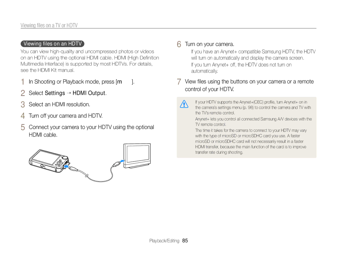 Samsung ECPL170 user manual Viewing ﬁles on a TV or Hdtv, Turn on your camera, Viewing ﬁles on an Hdtv 