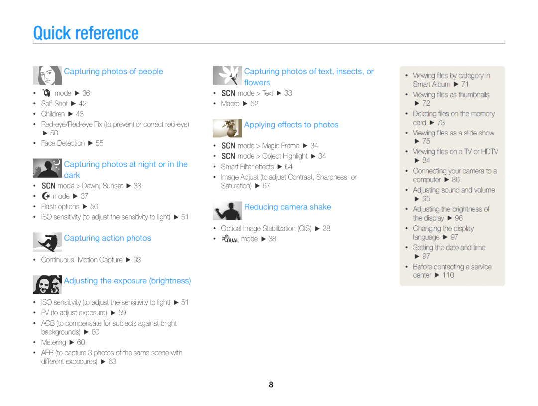 Samsung ECPL170 user manual Quick reference, Capturing photos of people 