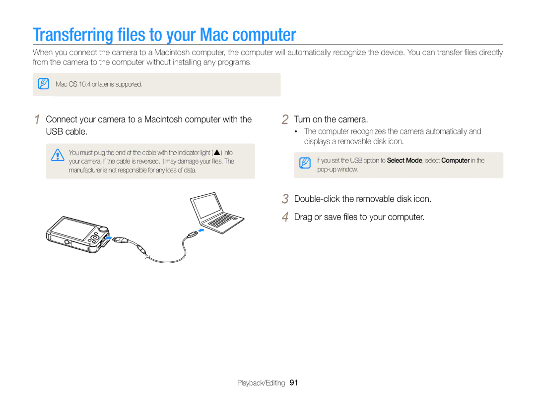 Samsung ECPL170 user manual Transferring ﬁles to your Mac computer 