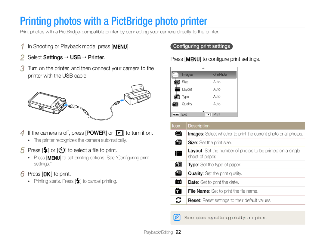 Samsung ECPL170 Printing photos with a PictBridge photo printer, Press F or t to select a ﬁle to print, Press o to print 