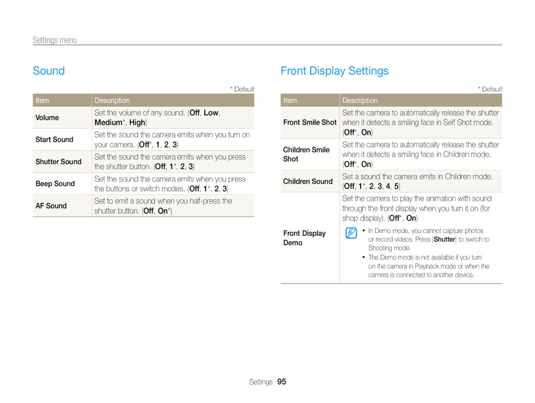 Samsung ECPL170 user manual Sound, Front Display Settings, Settings menu 