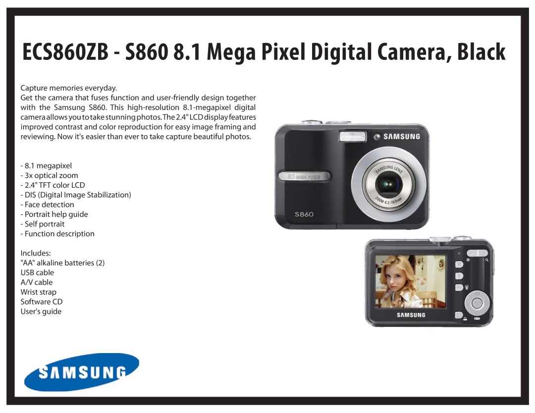 Samsung manual ECS860ZB S860 8.1 Mega Pixel Digital Camera, Black, Capture memories everyday 