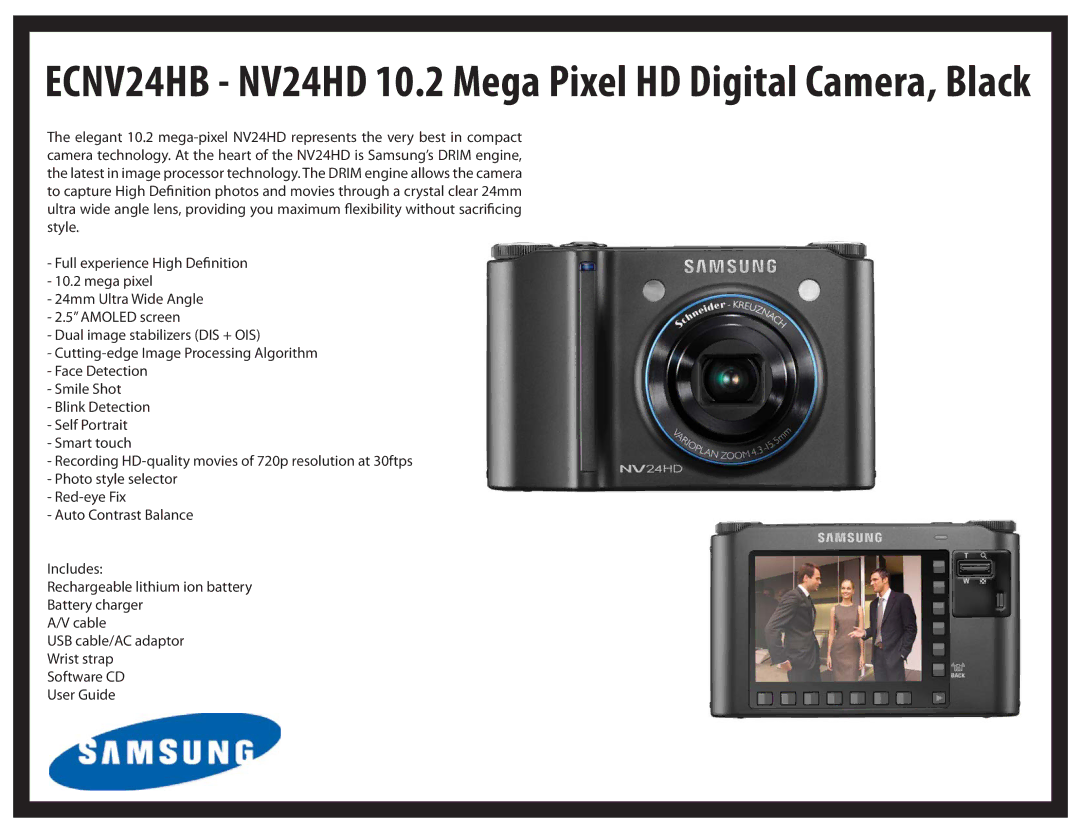 Samsung ECS860ZB manual ECNV24HB NV24HD 10.2 Mega Pixel HD Digital Camera, Black 