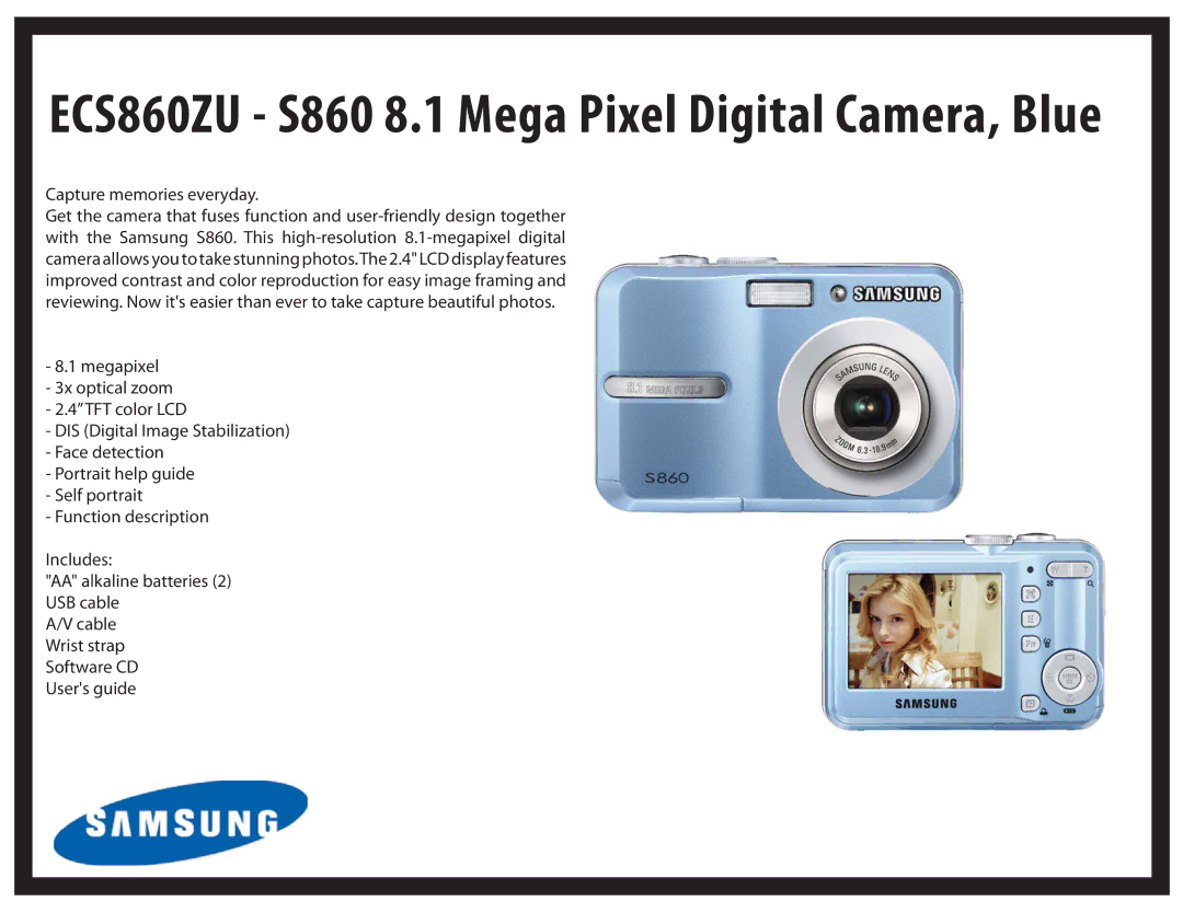 Samsung ECS860ZB manual ECS860ZU S860 8.1 Mega Pixel Digital Camera, Blue 