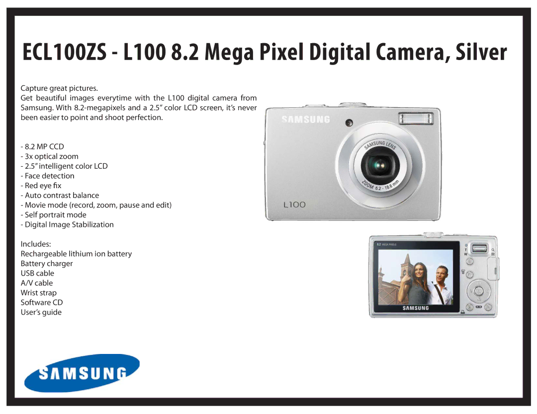 Samsung ECS860ZB manual ECL100ZS L100 8.2 Mega Pixel Digital Camera, Silver 