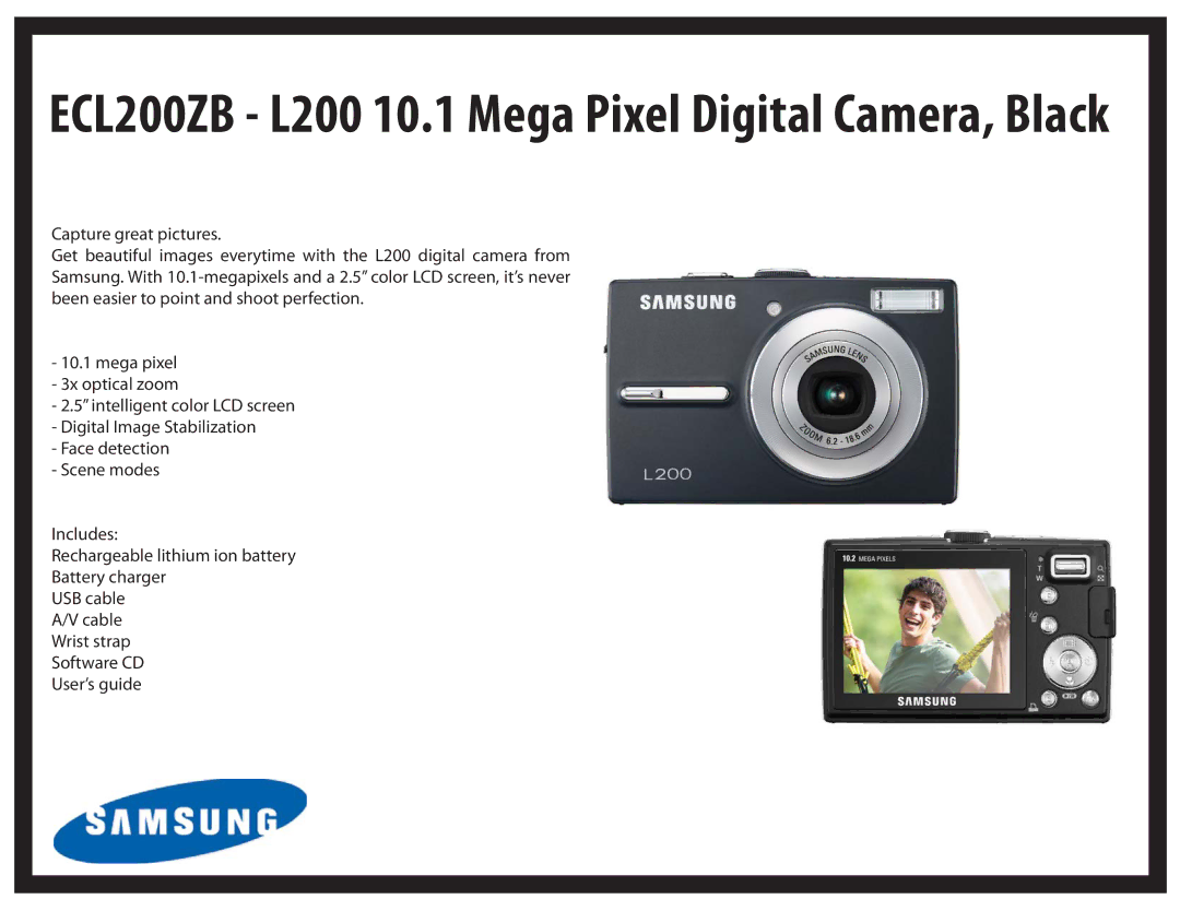 Samsung ECS860ZB manual ECL200ZB L200 10.1 Mega Pixel Digital Camera, Black 