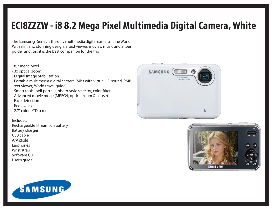 Samsung ECS860ZB manual ECI8ZZZW i8 8.2 Mega Pixel Multimedia Digital Camera, White 