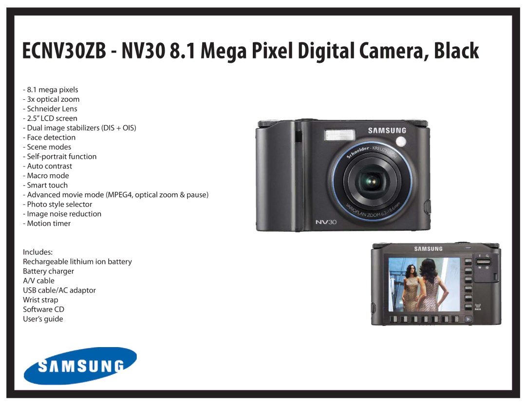 Samsung ECS860ZB manual ECNV30ZB NV30 8.1 Mega Pixel Digital Camera, Black 