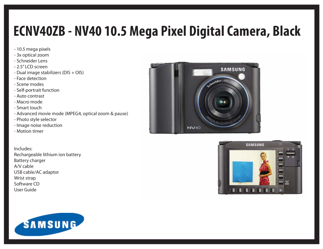 Samsung ECS860ZB manual ECNV40ZB NV40 10.5 Mega Pixel Digital Camera, Black 