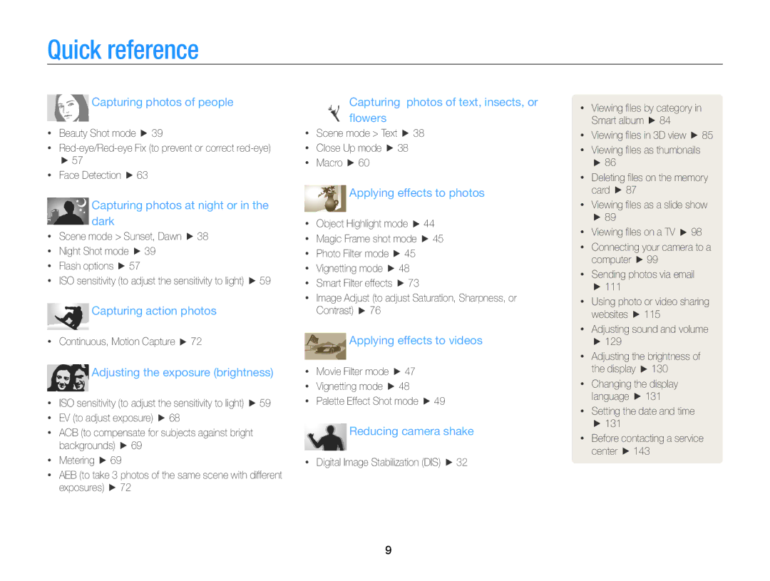 Samsung ECSH100ZBPRUS user manual Quick reference, Capturing photos at night or in the dark 