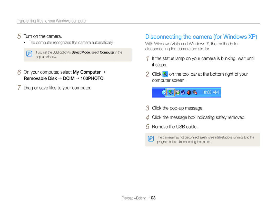 Samsung ECSH100ZBPRUS user manual Disconnecting the camera for Windows XP, Turn on the camera 