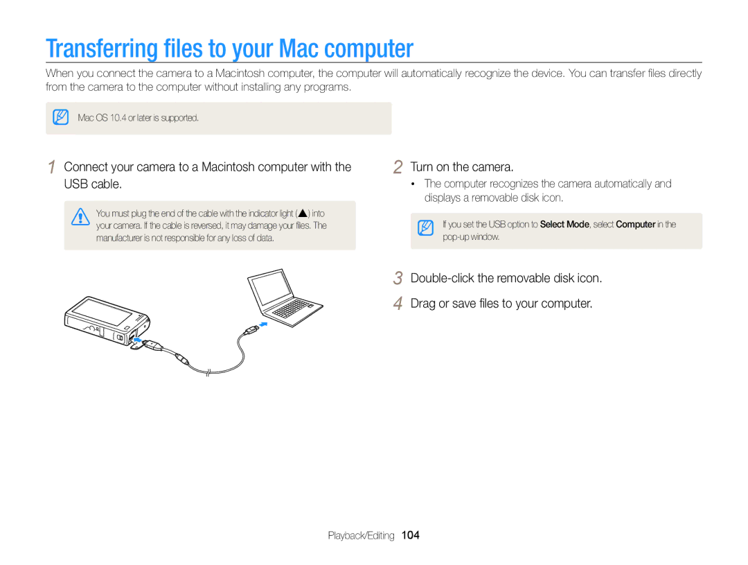 Samsung ECSH100ZBPRUS user manual Transferring ﬁles to your Mac computer 