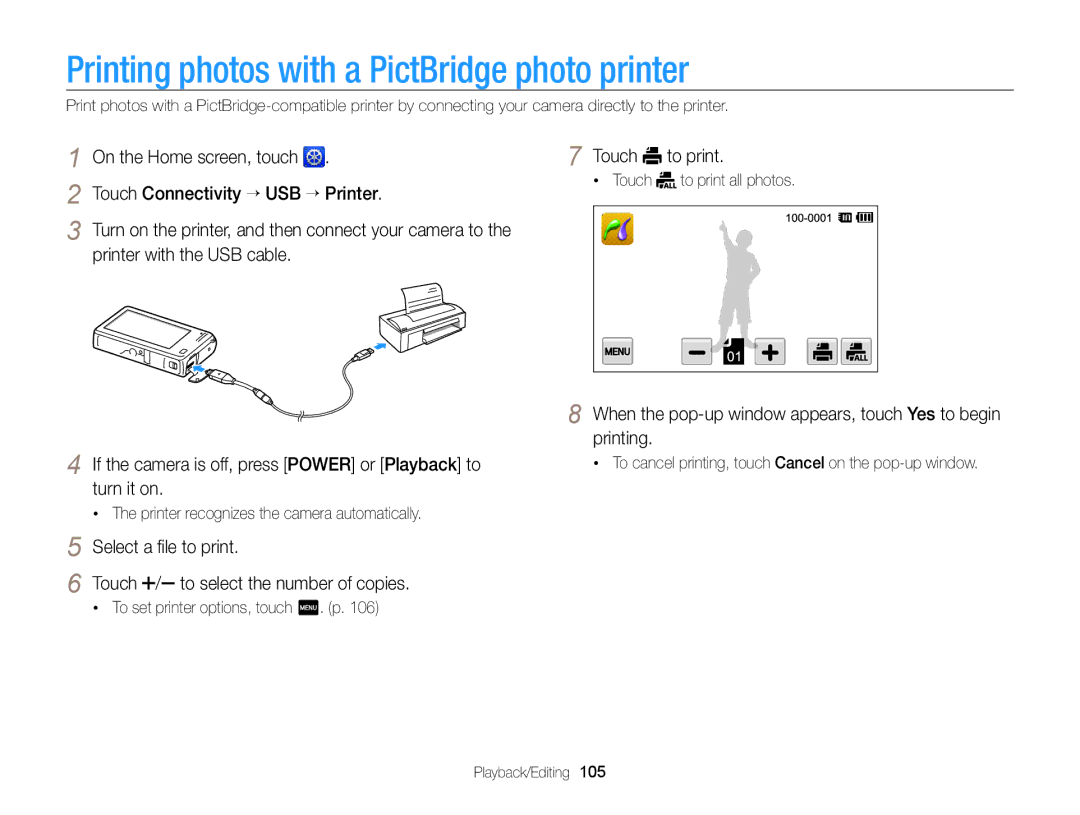 Samsung ECSH100ZBPRUS user manual Printing photos with a PictBridge photo printer 