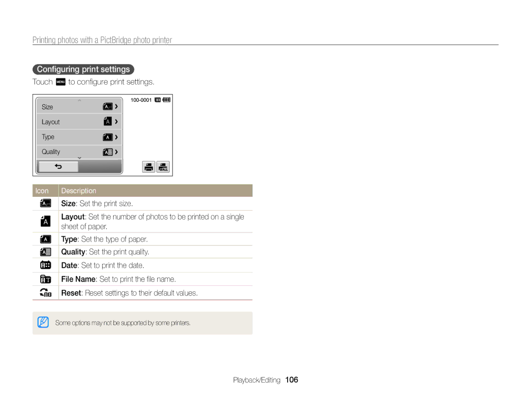 Samsung ECSH100ZBPRUS user manual Printing photos with a PictBridge photo printer, Conﬁguring print settings 