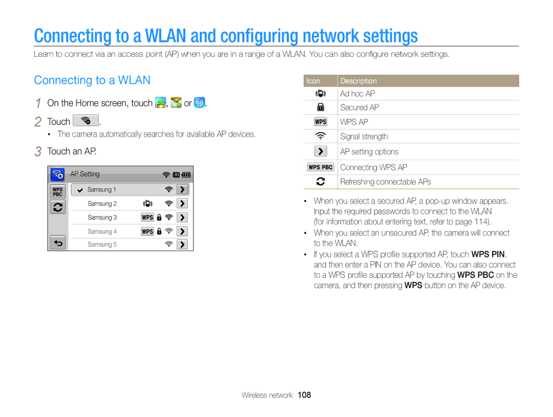 Samsung ECSH100ZBPRUS Connecting to a Wlan and conﬁguring network settings, On the Home screen, touch , or Touch 