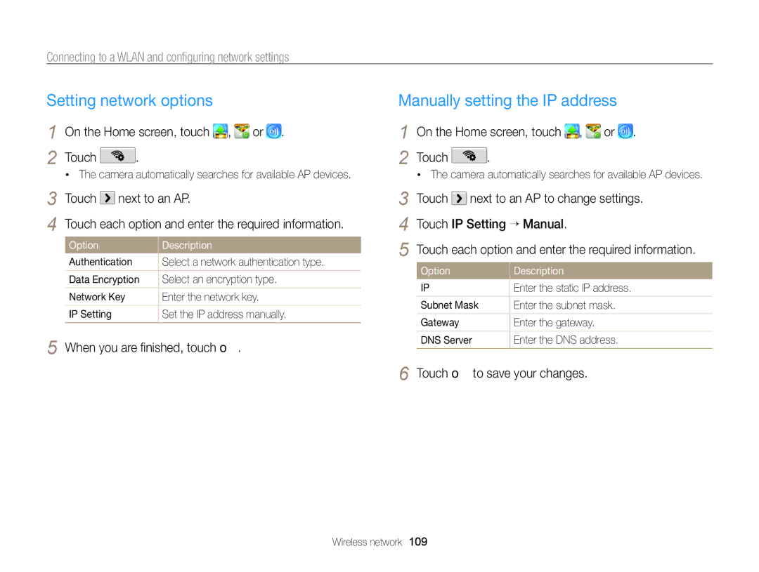 Samsung ECSH100ZBPRUS user manual Setting network options, Manually setting the IP address, Touch Next to an AP 