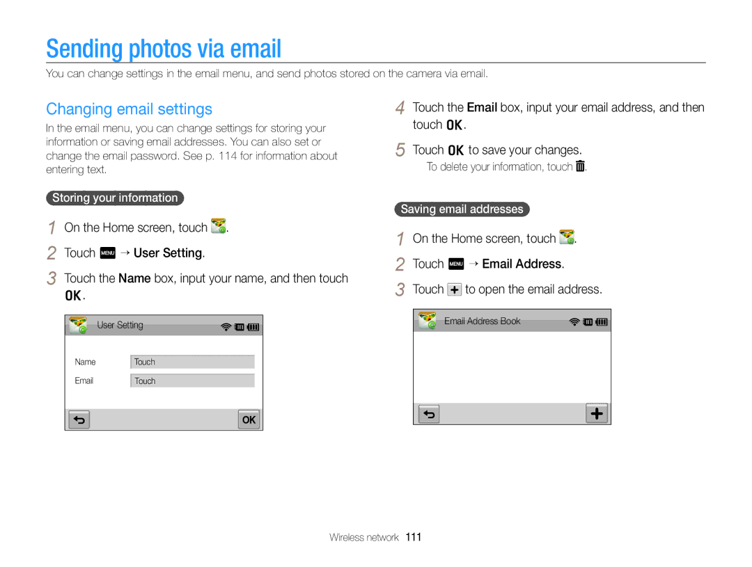 Samsung ECSH100ZBPRUS Sending photos via email, Changing email settings, Storing your information, Saving email addresses 