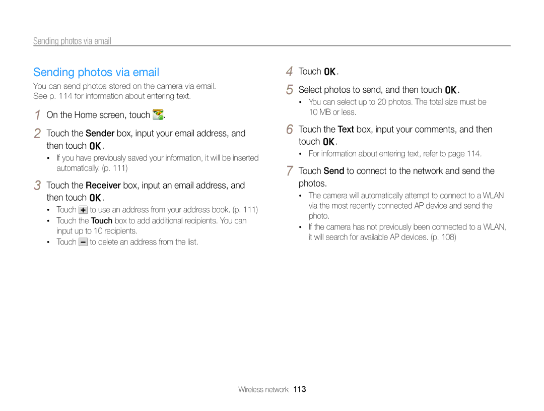 Samsung ECSH100ZBPRUS user manual Sending photos via email, Then touch o, Touch o Select photos to send, and then touch o 