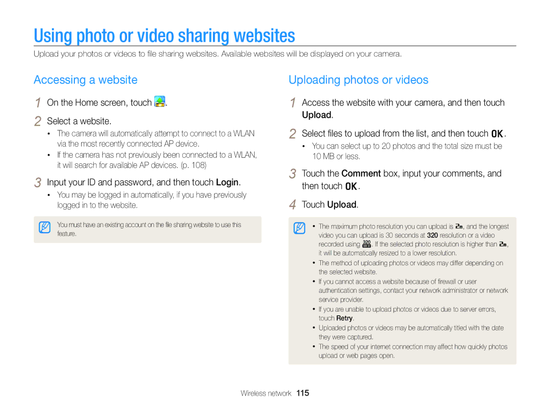 Samsung ECSH100ZBPRUS user manual Using photo or video sharing websites, Accessing a website, Uploading photos or videos 