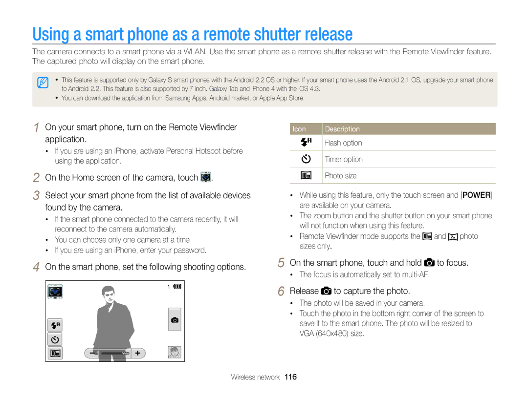 Samsung ECSH100ZBPRUS user manual Using a smart phone as a remote shutter release, On the Home screen of the camera, touch 