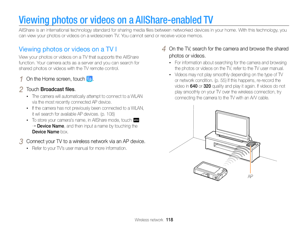 Samsung ECSH100ZBPRUS user manual Viewing photos or videos on a AllShare-enabled TV, Viewing photos or videos on a TV 