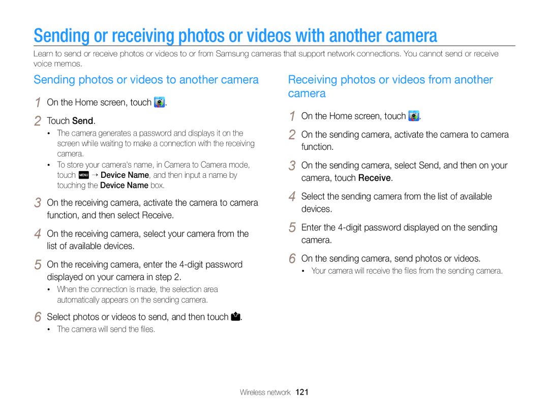 Samsung ECSH100ZBPRUS user manual Sending or receiving photos or videos with another camera 