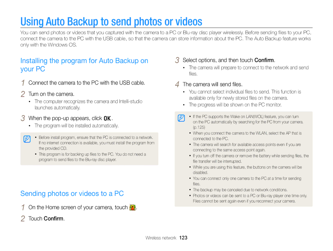 Samsung ECSH100ZBPRUS Using Auto Backup to send photos or videos, Installing the program for Auto Backup on your PC 