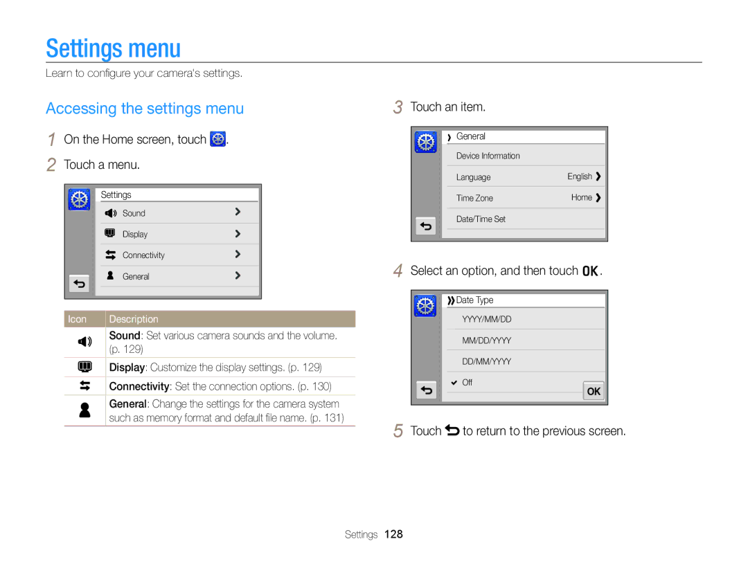 Samsung ECSH100ZBPRUS Settings menu, Accessing the settings menu, On the Home screen, touch Touch a menu, Touch an item 