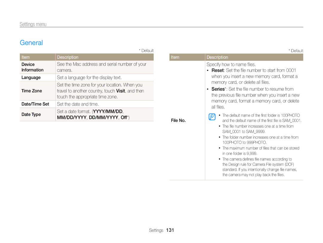 Samsung ECSH100ZBPRUS user manual General, Specify how to name ﬁles 