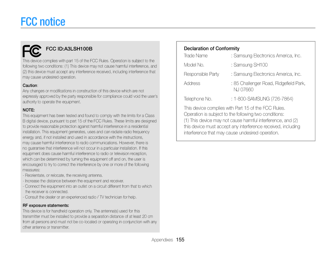 Samsung ECSH100ZBPRUS FCC notice, Declaration of Conformity Trade Name, Model No Samsung SH100 Responsible Party, Address 