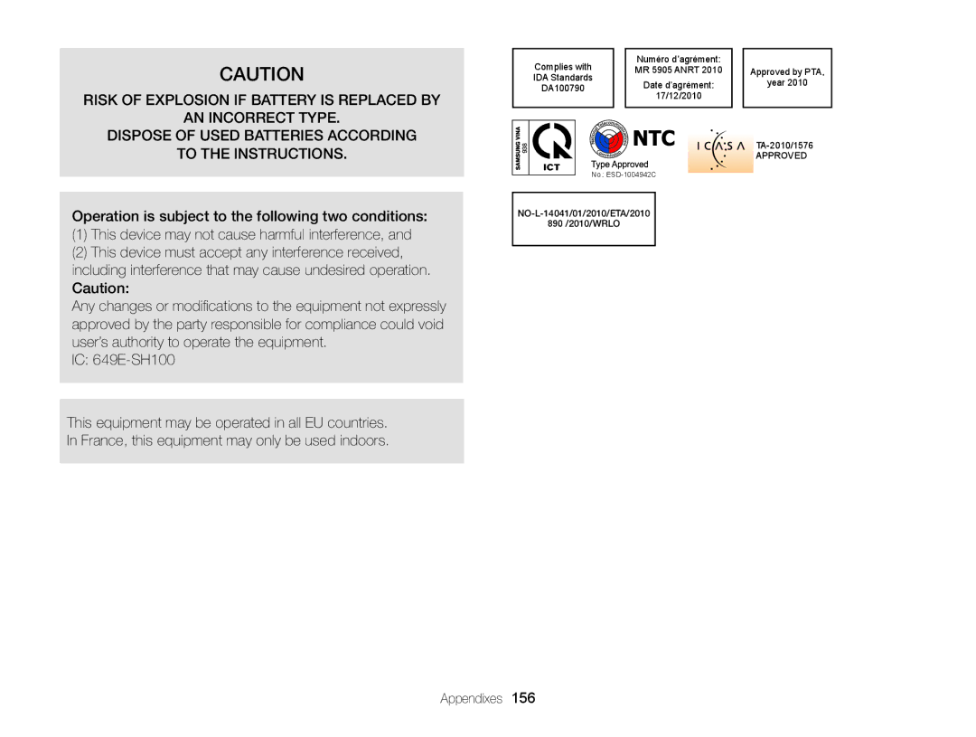 Samsung ECSH100ZBPRUS user manual IC 649E-SH100 