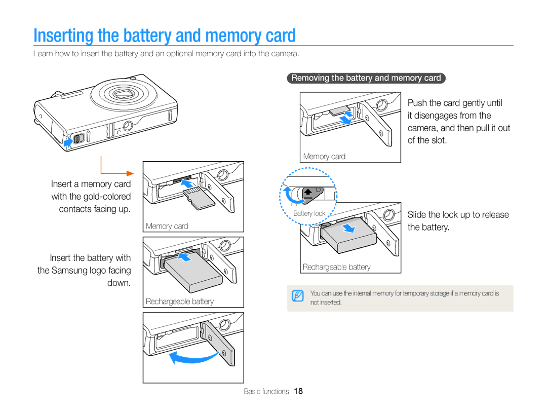 Samsung ECSH100ZBPRUS Inserting the battery and memory card, Insert the battery with the Samsung logo facing down 