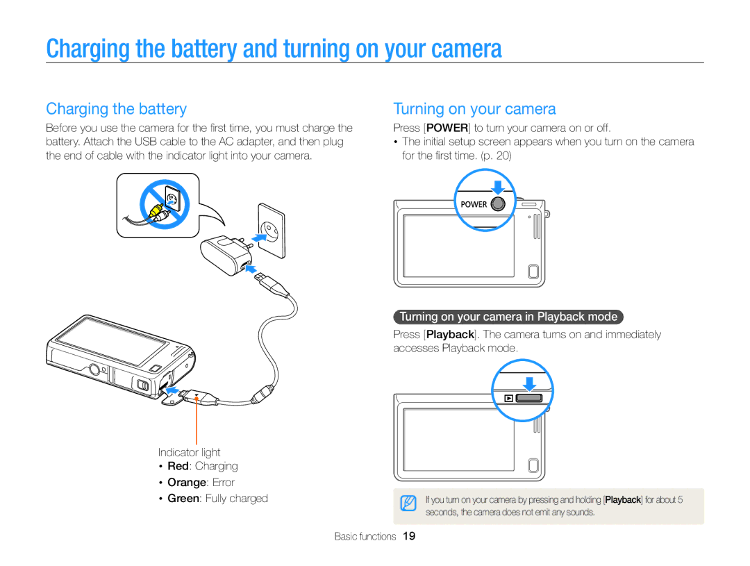 Samsung ECSH100ZBPRUS user manual Charging the battery and turning on your camera, Turning on your camera 