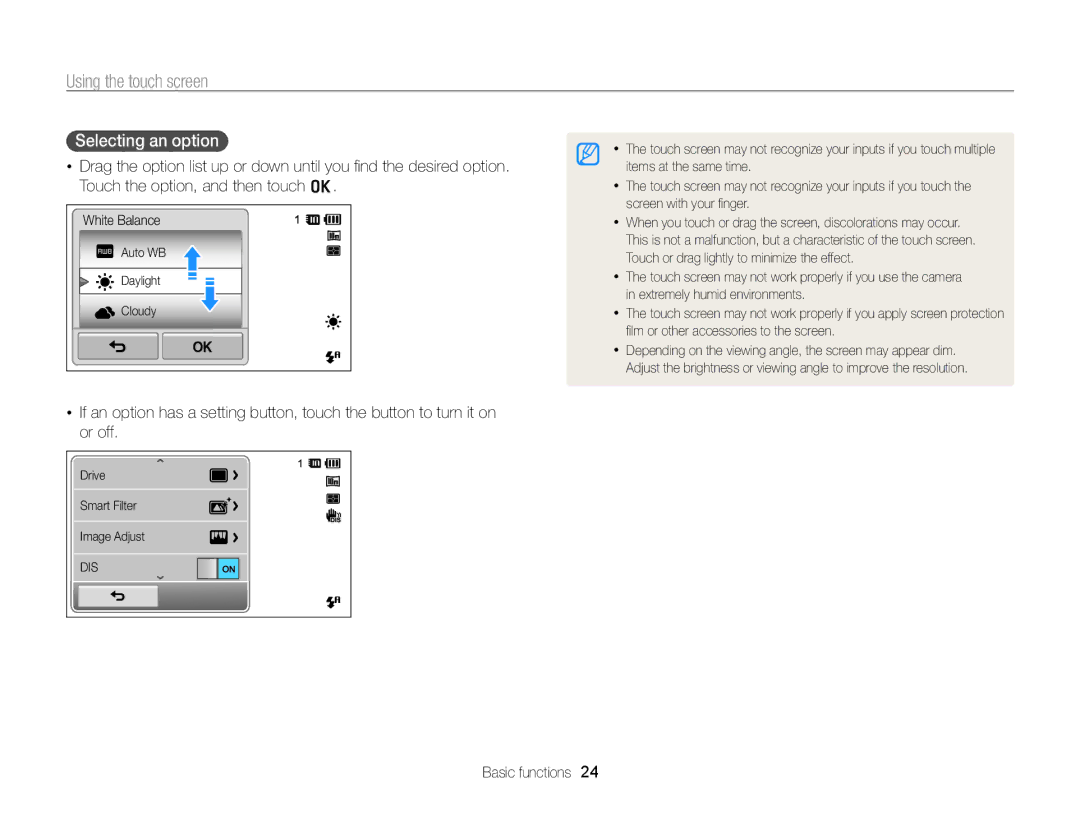 Samsung ECSH100ZBPRUS user manual Using the touch screen, Selecting an option 