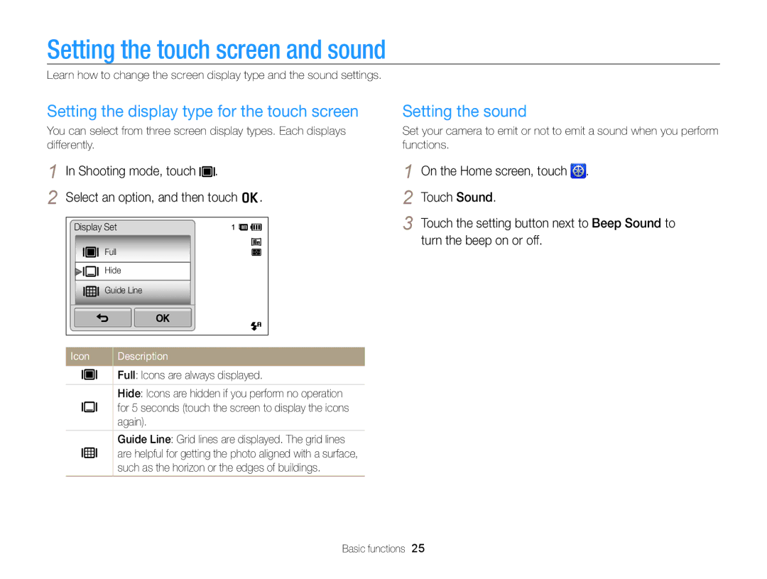 Samsung ECSH100ZBPRUS Setting the touch screen and sound, Setting the display type for the touch screen, Setting the sound 