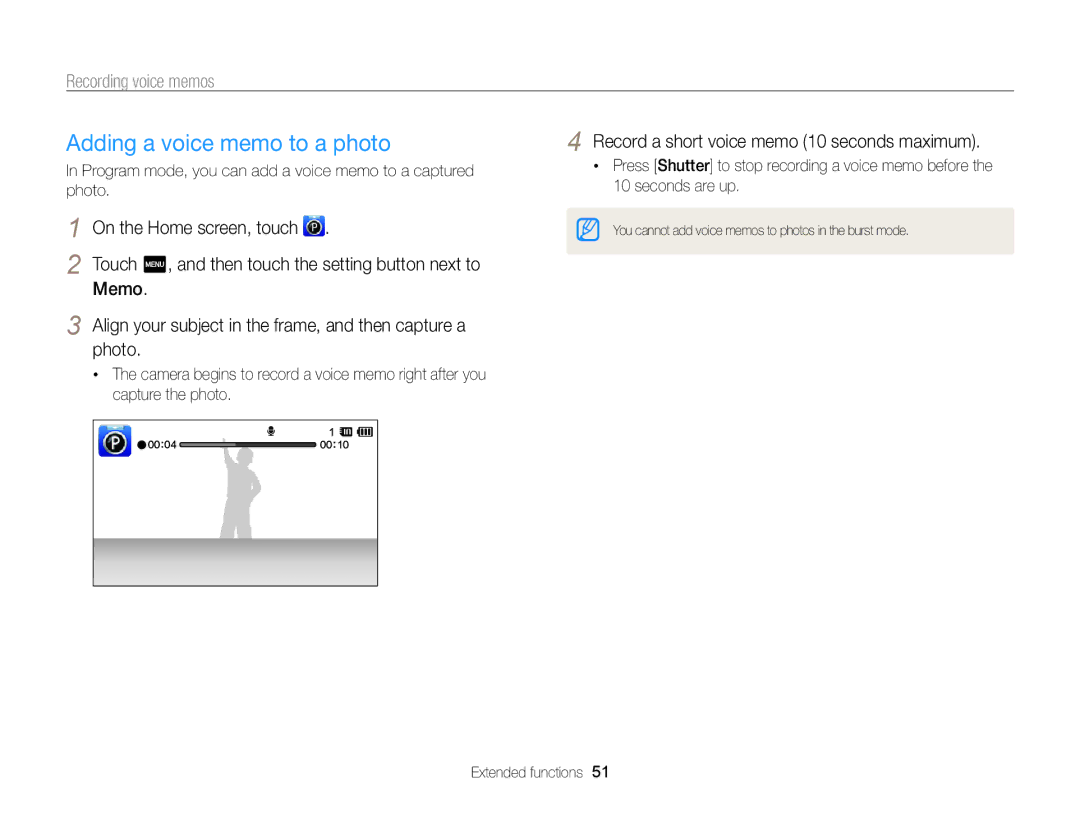 Samsung ECSH100ZBPRUS user manual Adding a voice memo to a photo, Recording voice memos, Memo 