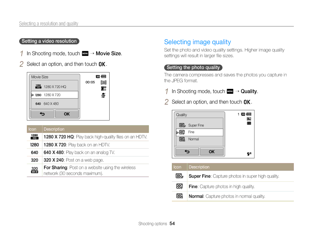 Samsung ECSH100ZBPRUS user manual Selecting image quality, Selecting a resolution and quality, Setting a video resolution 