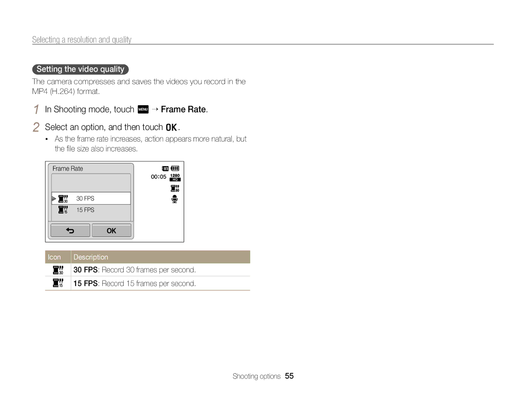 Samsung ECSH100ZBPRUS user manual Setting the video quality 