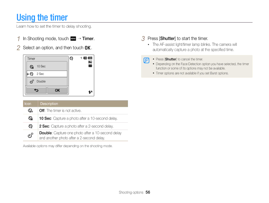 Samsung ECSH100ZBPRUS Using the timer, Press Shutter to start the timer, Learn how to set the timer to delay shooting 