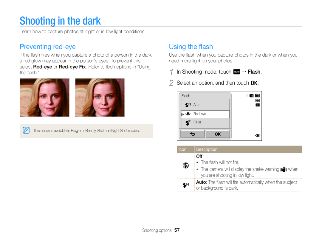 Samsung ECSH100ZBPRUS user manual Shooting in the dark, Preventing red-eye, Using the ﬂash 