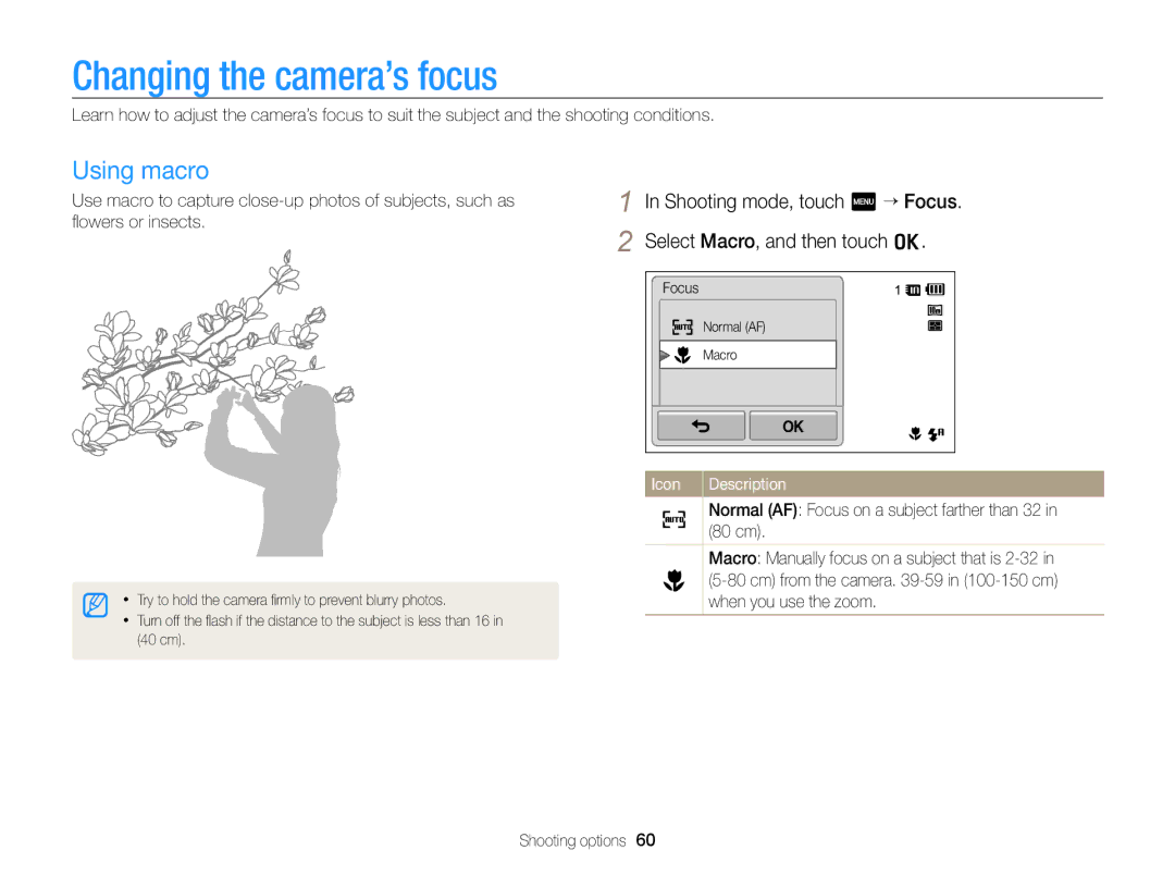 Samsung ECSH100ZBPRUS user manual Changing the camera’s focus, Using macro, 80 cm, When you use the zoom 