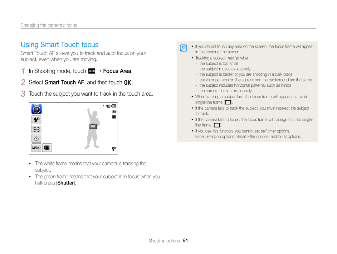 Samsung ECSH100ZBPRUS user manual Using Smart Touch focus, Changing the camera’s focus 