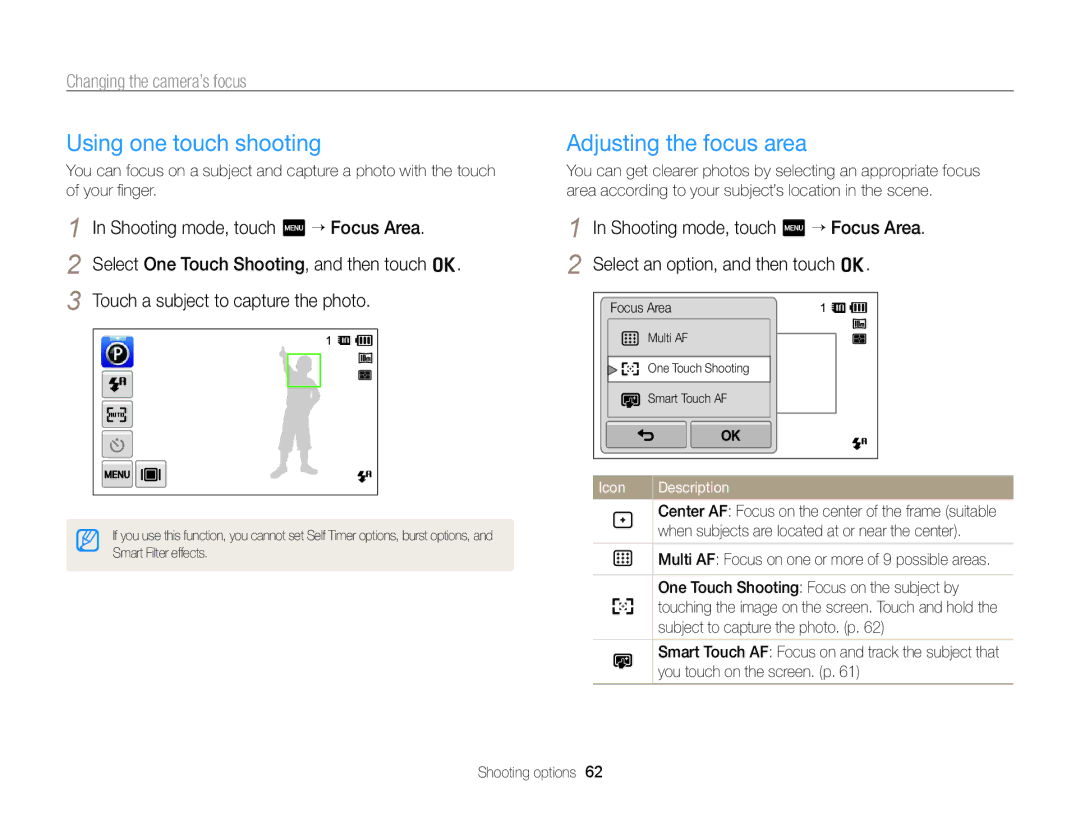 Samsung ECSH100ZBPRUS user manual Using one touch shooting, Adjusting the focus area 