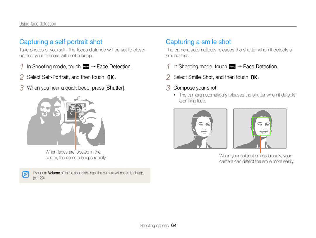 Samsung ECSH100ZBPRUS Capturing a self portrait shot, Capturing a smile shot, Using face detection, Compose your shot 