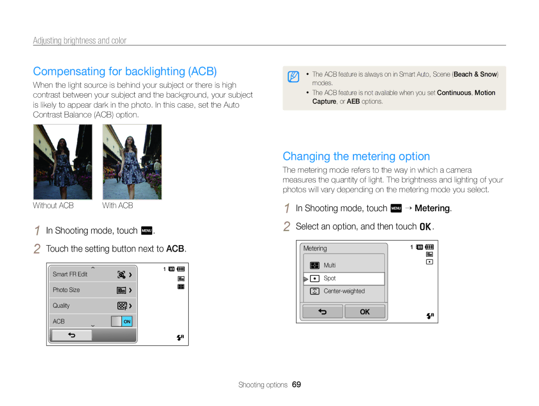 Samsung ECSH100ZBPRUS Compensating for backlighting ACB, Changing the metering option, Adjusting brightness and color 